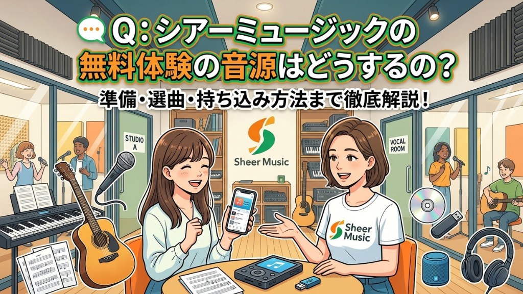 Q1:シアーミュージックの無料体験に参加する予定なのですが、持ち物として「歌いたい曲の楽譜または音源」と案内されています。音源を持参する場合、必ずカラオケ音源である必要があるのでしょうか？